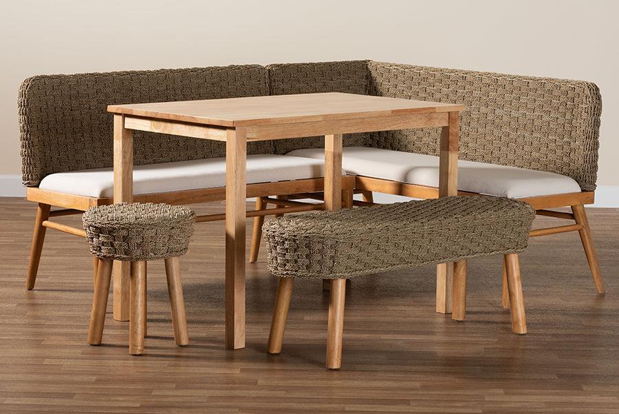 bali & pari Denver Modern Bohemian Natural Seagrass and Acacia Wood 5-Piece Dining Nook Set FredCo