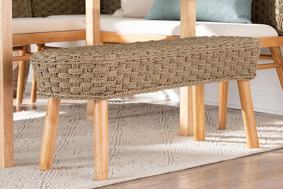 bali & pari Denver Modern Bohemian Natural Seagrass and Acacia Wood Accent Bench FredCo