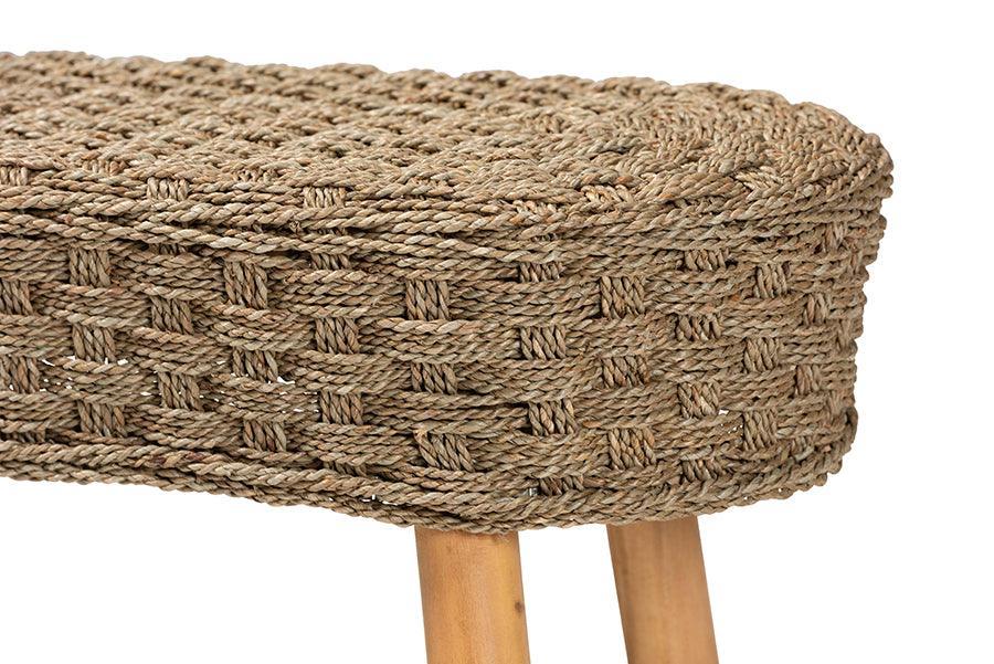 bali & pari Denver Modern Bohemian Natural Seagrass and Acacia Wood Accent Bench FredCo
