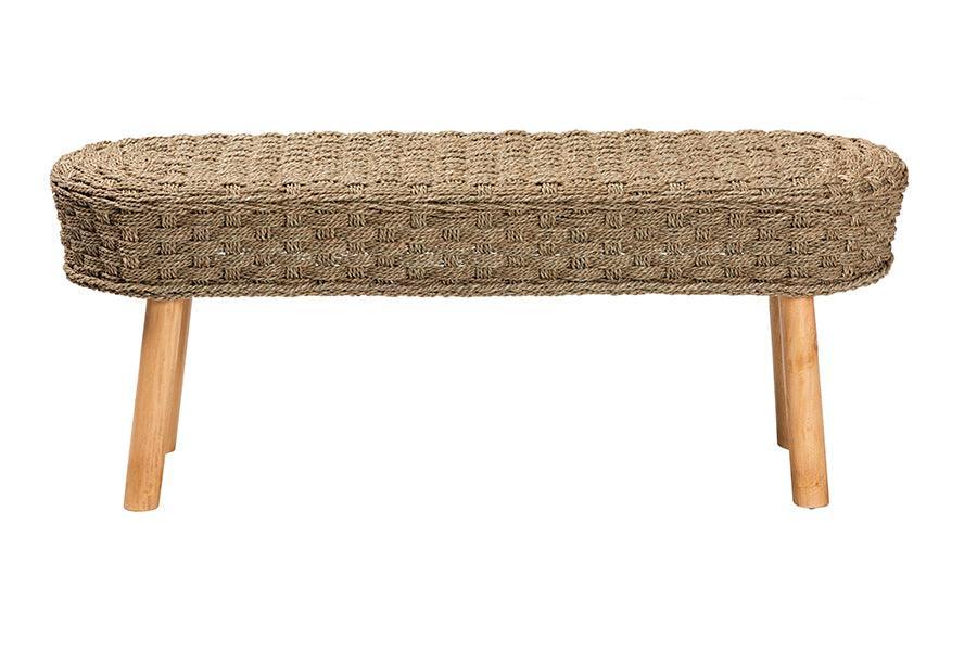 bali & pari Denver Modern Bohemian Natural Seagrass and Acacia Wood Accent Bench FredCo