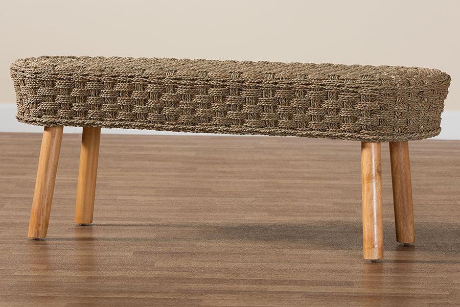 bali & pari Denver Modern Bohemian Natural Seagrass and Acacia Wood Accent Bench FredCo