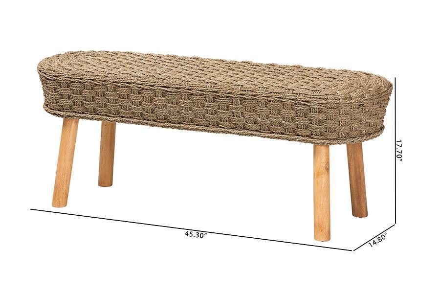 bali & pari Denver Modern Bohemian Natural Seagrass and Acacia Wood Accent Bench FredCo