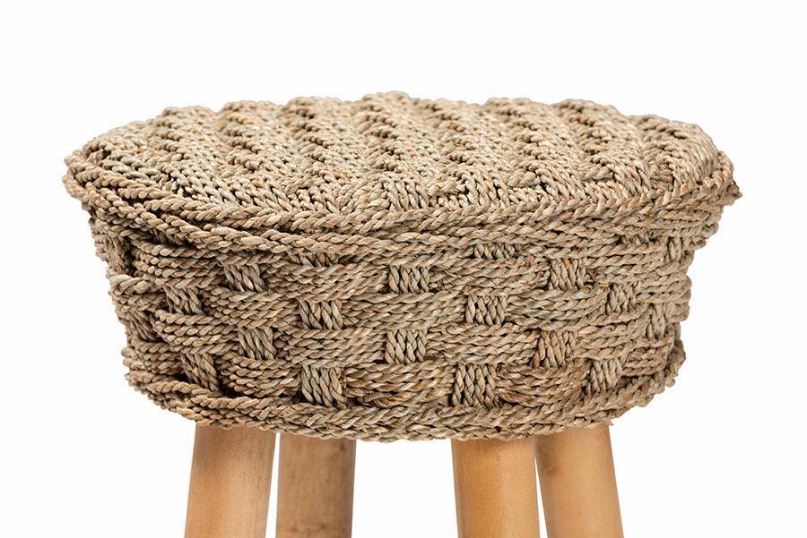 bali & pari Denver Modern Bohemian Natural Seagrass and Acacia Wood Stool FredCo