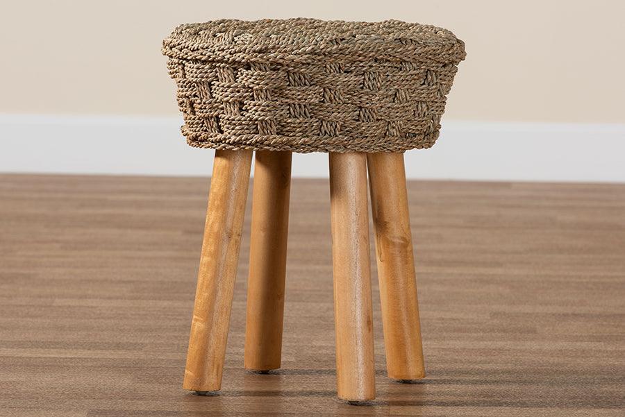 bali & pari Denver Modern Bohemian Natural Seagrass and Acacia Wood Stool FredCo