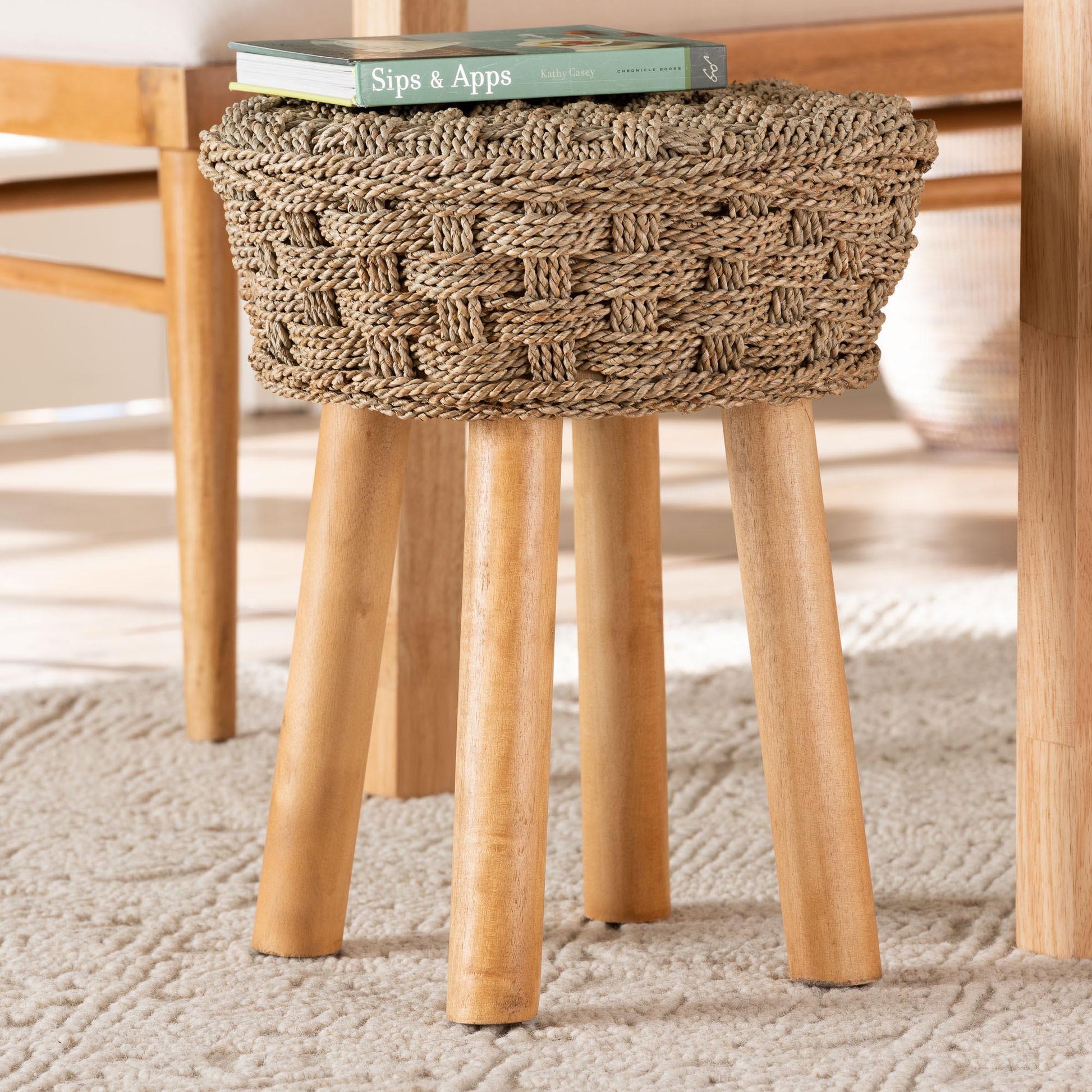 bali & pari Denver Modern Bohemian Natural Seagrass and Acacia Wood Stool FredCo