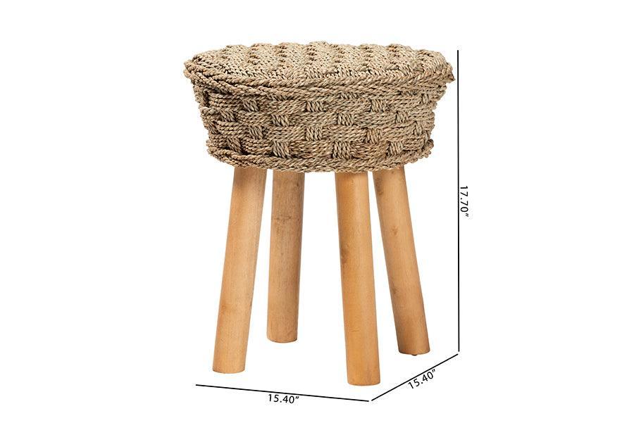 bali & pari Denver Modern Bohemian Natural Seagrass and Acacia Wood Stool FredCo