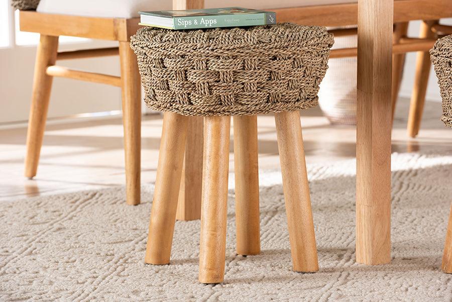 bali & pari Denver Modern Bohemian Natural Seagrass and Acacia Wood Stool FredCo
