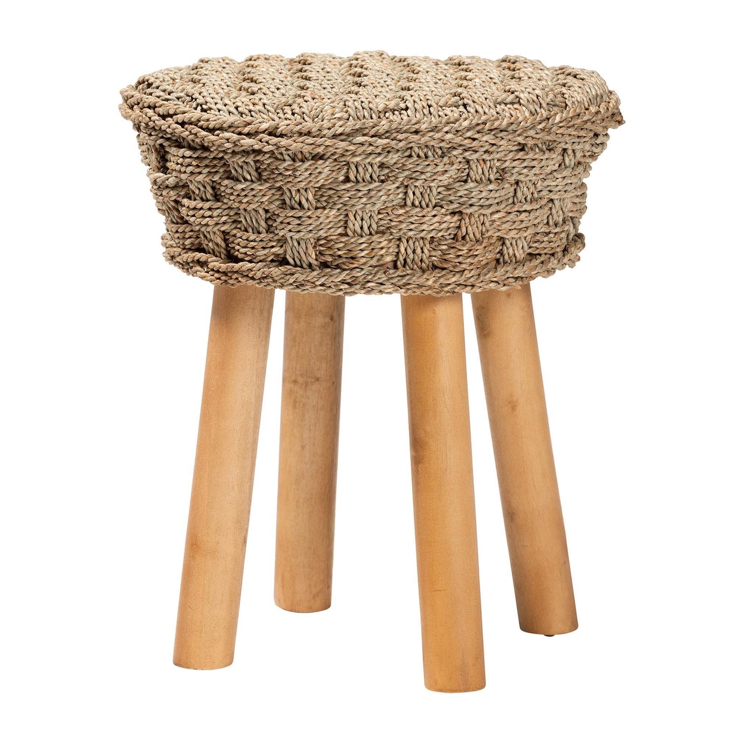 bali & pari Denver Modern Bohemian Natural Seagrass and Acacia Wood Stool FredCo