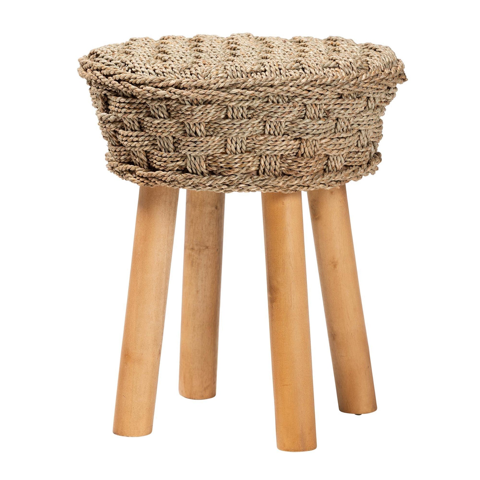 bali & pari Denver Modern Bohemian Natural Seagrass and Acacia Wood Stool FredCo