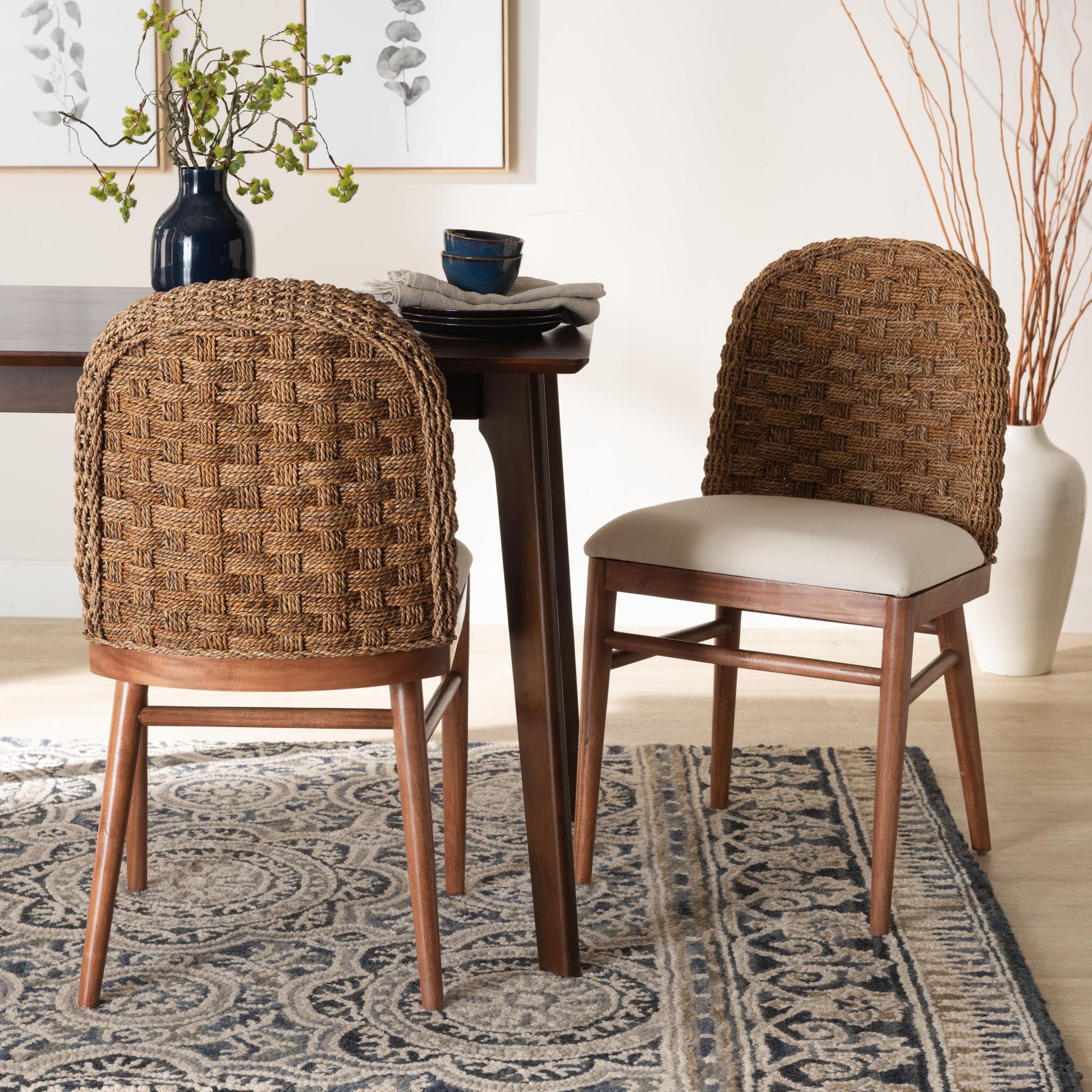 bali & pari Denver Modern Bohemian Walnut Brown Finished Acacia Wood and Seagrass 2-Piece Dining Chair Set FredCo