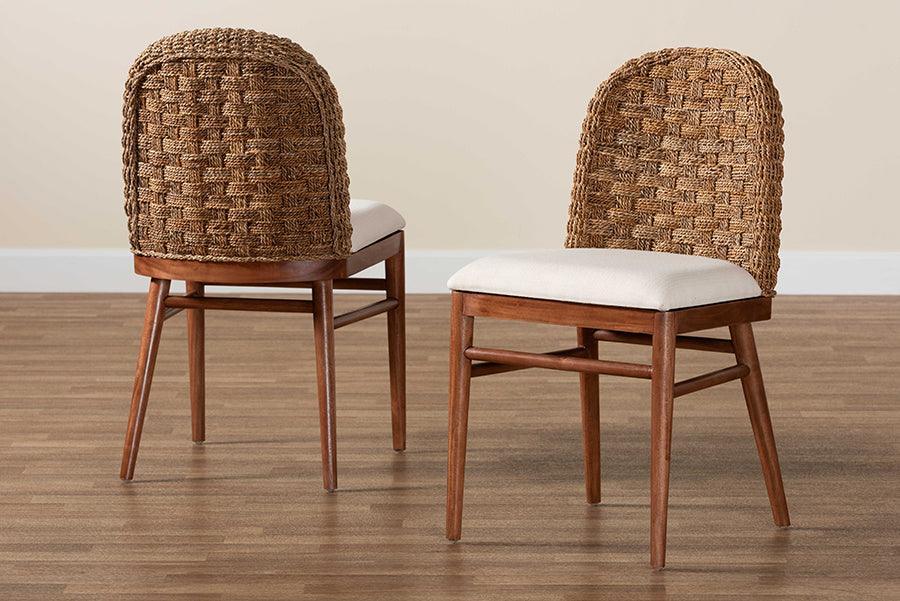 bali & pari Denver Modern Bohemian Walnut Brown Finished Acacia Wood and Seagrass 2-Piece Dining Chair Set FredCo