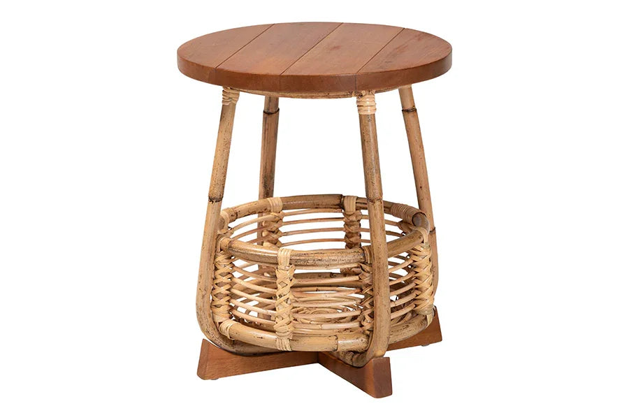 bali & pari Derenik Natural Rattan and Mahogany Wood End Table - Boho Accent Side Table with Woven Basket Base, Coastal Style Nightstand or Living Room Table FredCo
