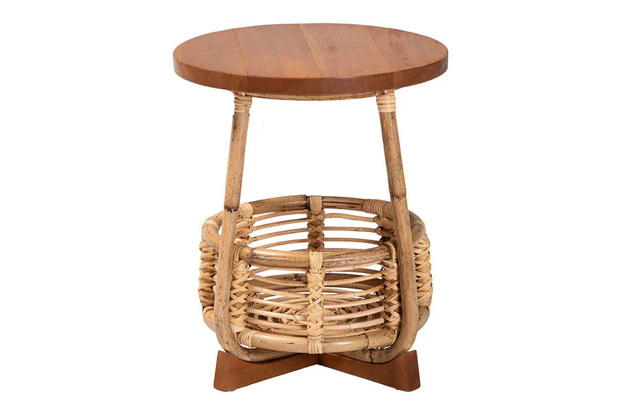 bali & pari Derenik Natural Rattan and Mahogany Wood End Table - Boho Accent Side Table with Woven Basket Base, Coastal Style Nightstand or Living Room Table FredCo