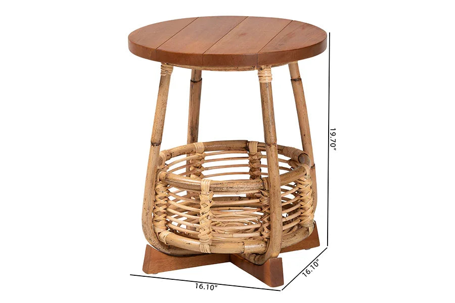 bali & pari Derenik Natural Rattan and Mahogany Wood End Table - Boho Accent Side Table with Woven Basket Base, Coastal Style Nightstand or Living Room Table FredCo