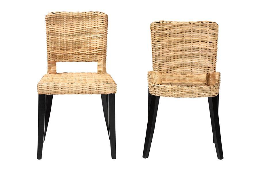 bali & pari Dermot Modern Bohemian Dark Brown Finished Wood and Natural Rattan 2-Piece Dining Chair Set FredCo