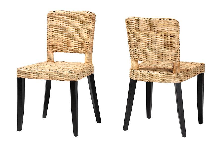 bali & pari Dermot Modern Bohemian Dark Brown Finished Wood and Natural Rattan 2-Piece Dining Chair Set FredCo
