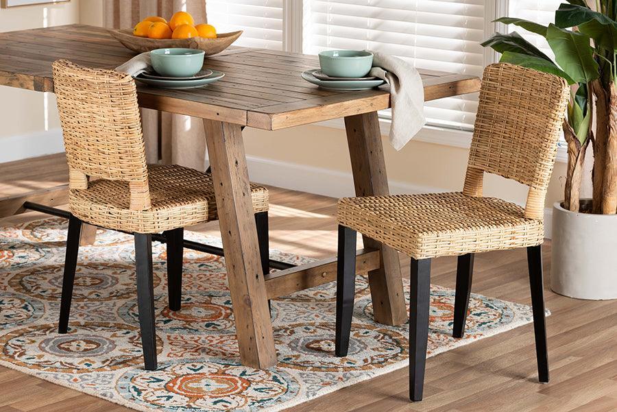 bali & pari Dermot Modern Bohemian Dark Brown Finished Wood and Natural Rattan 2-Piece Dining Chair Set FredCo