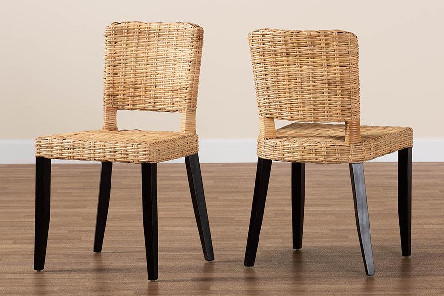 bali & pari Dermot Modern Bohemian Dark Brown Finished Wood and Natural Rattan 2-Piece Dining Chair Set FredCo