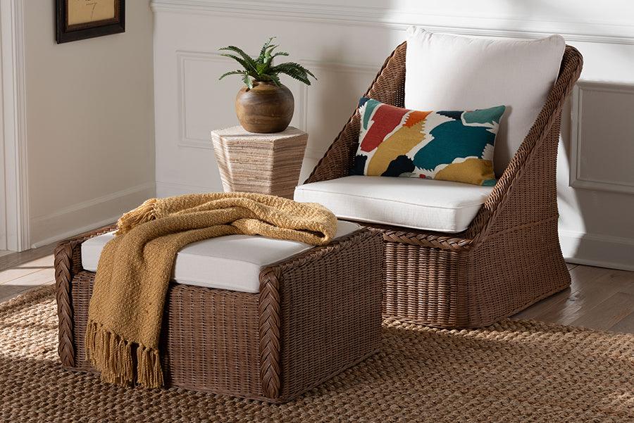 bali & pari Derris Bohemian Peanut Brown Braided Rattan 2-Piece Arm Chair and Footstool Set FredCo