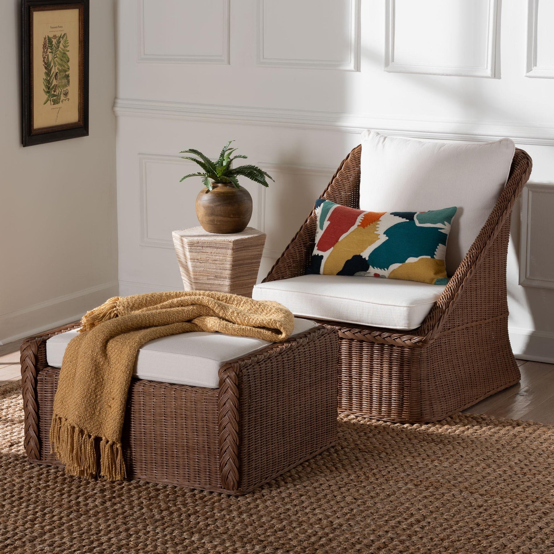 bali & pari Derris Bohemian Peanut Brown Braided Rattan 2-Piece Arm Chair and Footstool Set FredCo
