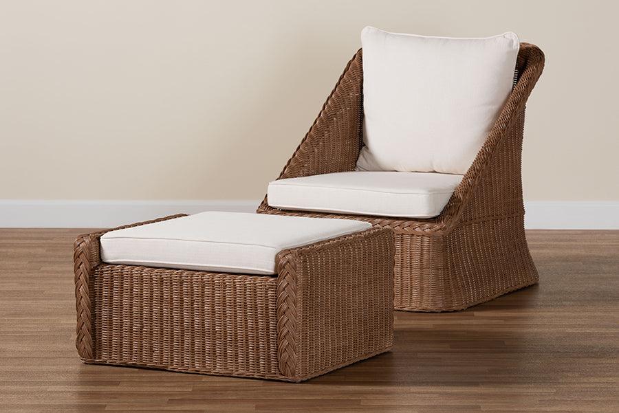 bali & pari Derris Bohemian Peanut Brown Braided Rattan 2-Piece Arm Chair and Footstool Set FredCo