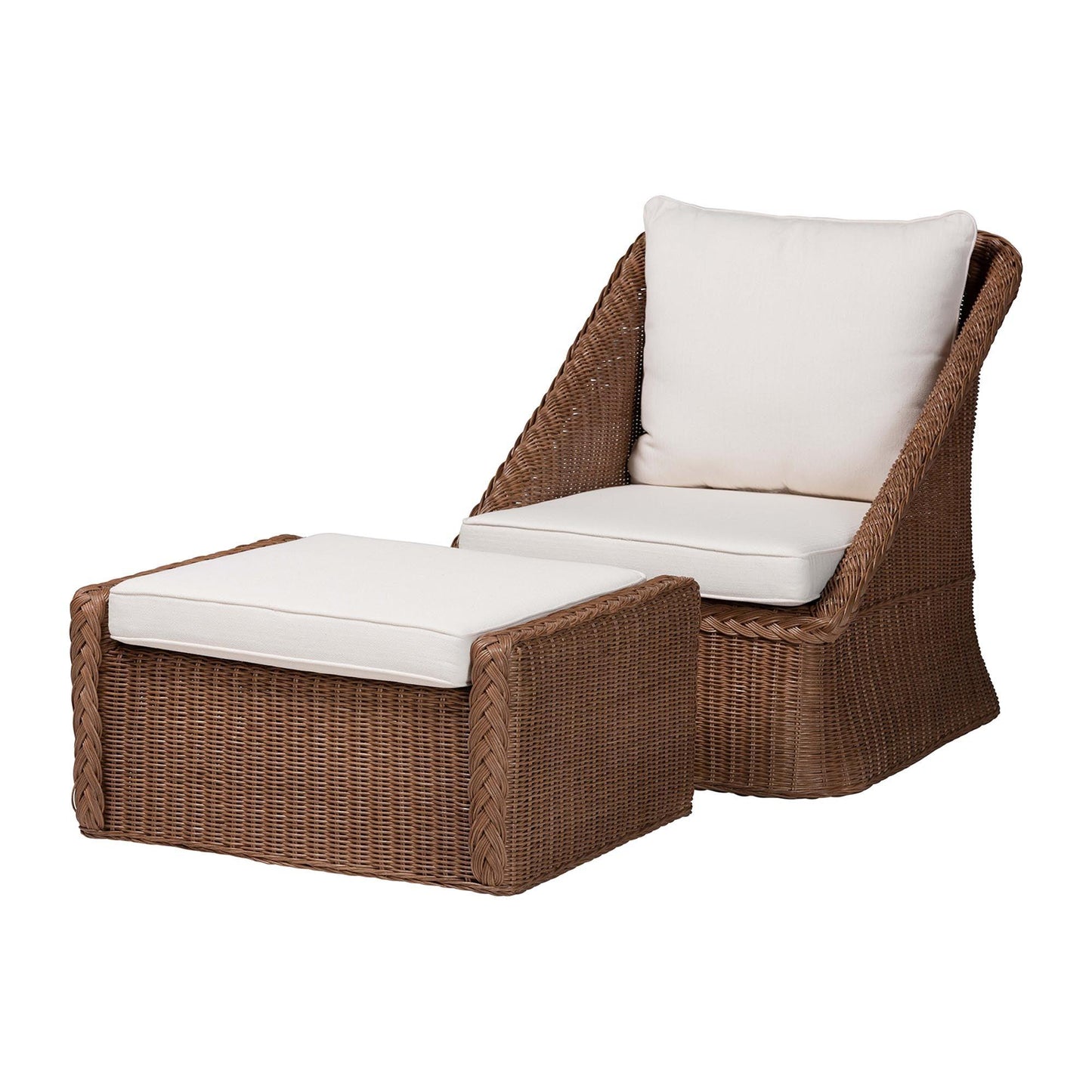 bali & pari Derris Bohemian Peanut Brown Braided Rattan 2-Piece Arm Chair and Footstool Set FredCo