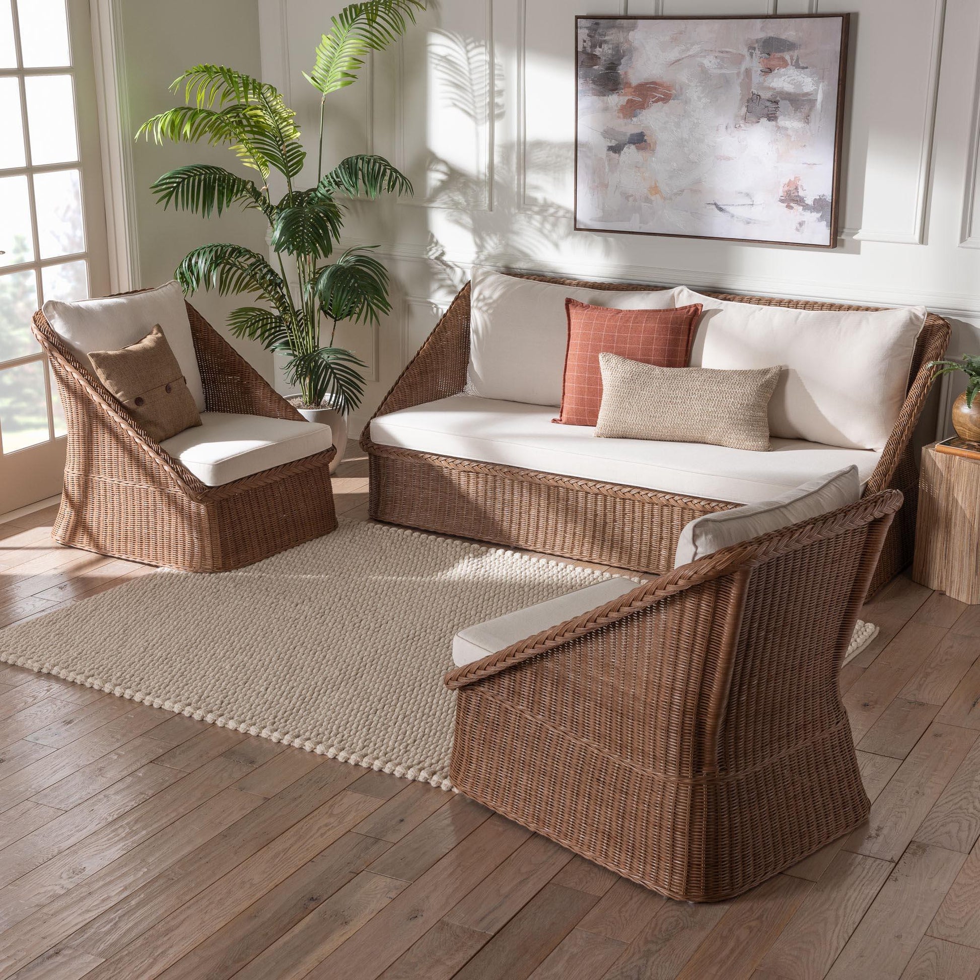 bali & pari Derris Bohemian Peanut Brown Braided Rattan 3-Piece Living Room Set FredCo