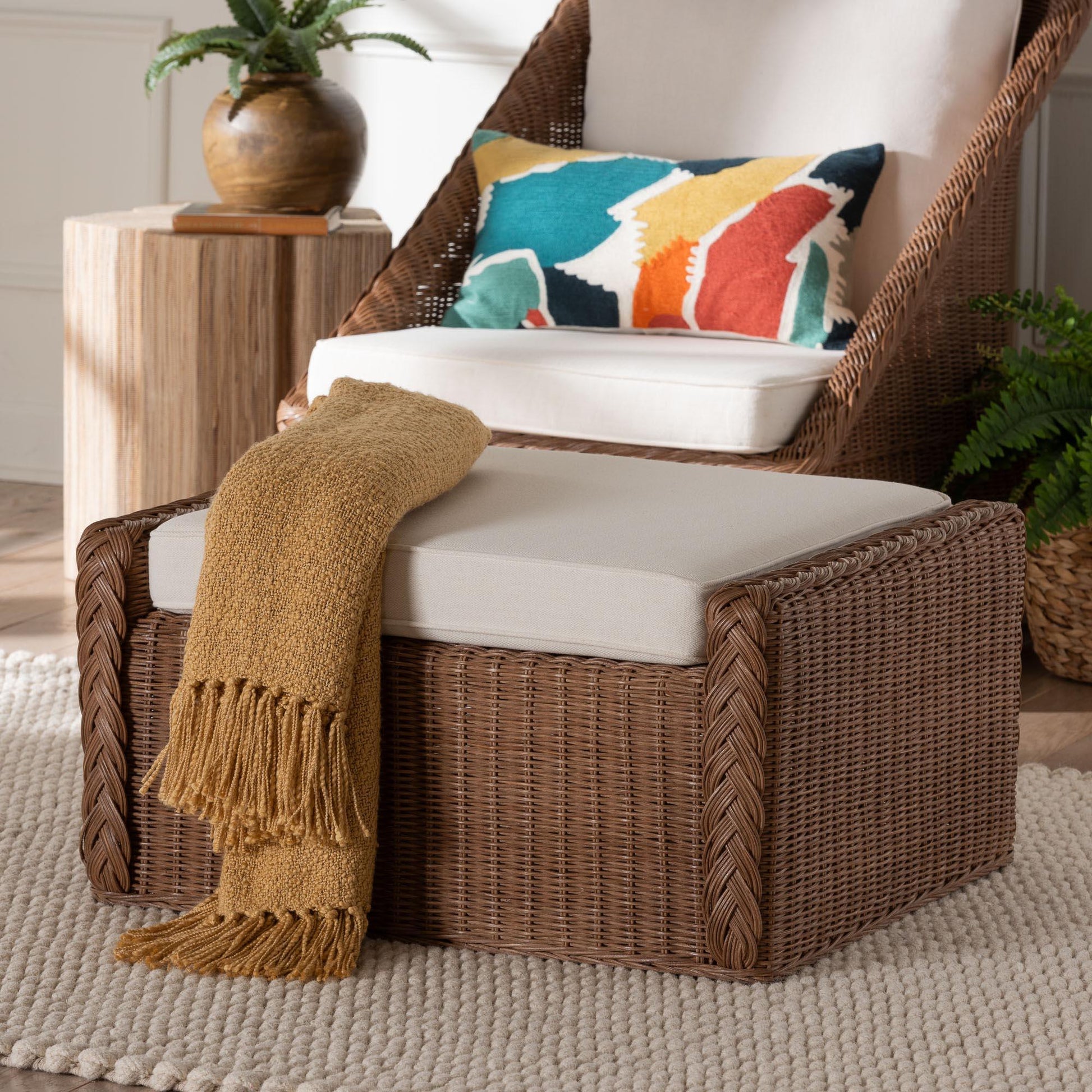 bali & pari Derris Bohemian Peanut Brown Braided Rattan Footstool FredCo