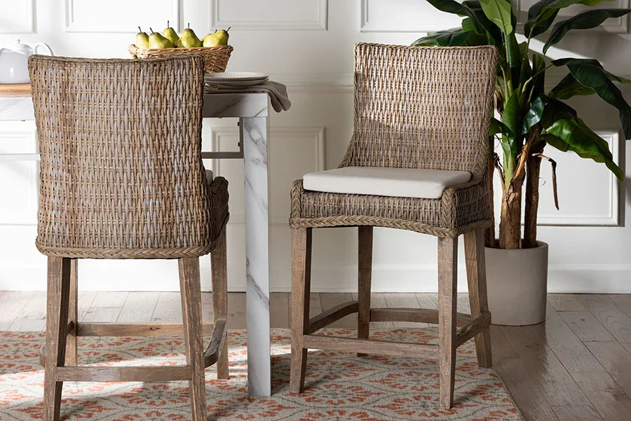 bali & pari Derris Natural Rattan Counter Stool with Cushion - Tall Wingback Stool with Solid Mango Wood Legs and Footrest, Boho Coastal Style for Kitchen Island or Dining Area Seating, Greywashed FredCo