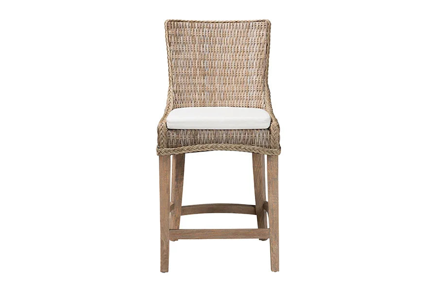 bali & pari Derris Natural Rattan Counter Stool with Cushion - Tall Wingback Stool with Solid Mango Wood Legs and Footrest, Boho Coastal Style for Kitchen Island or Dining Area Seating, Greywashed FredCo