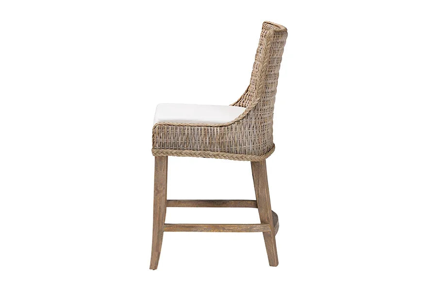 bali & pari Derris Natural Rattan Counter Stool with Cushion - Tall Wingback Stool with Solid Mango Wood Legs and Footrest, Boho Coastal Style for Kitchen Island or Dining Area Seating, Greywashed FredCo