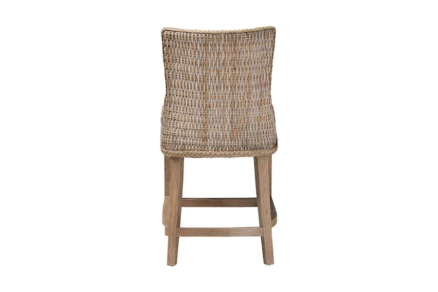 bali & pari Derris Natural Rattan Counter Stool with Cushion - Tall Wingback Stool with Solid Mango Wood Legs and Footrest, Boho Coastal Style for Kitchen Island or Dining Area Seating, Greywashed FredCo