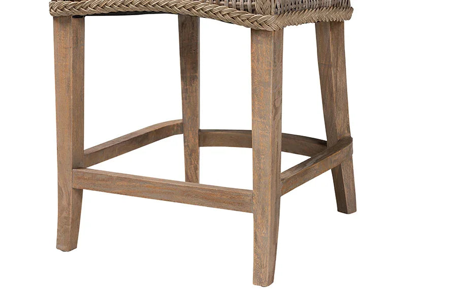 bali & pari Derris Natural Rattan Counter Stool with Cushion - Tall Wingback Stool with Solid Mango Wood Legs and Footrest, Boho Coastal Style for Kitchen Island or Dining Area Seating, Greywashed FredCo