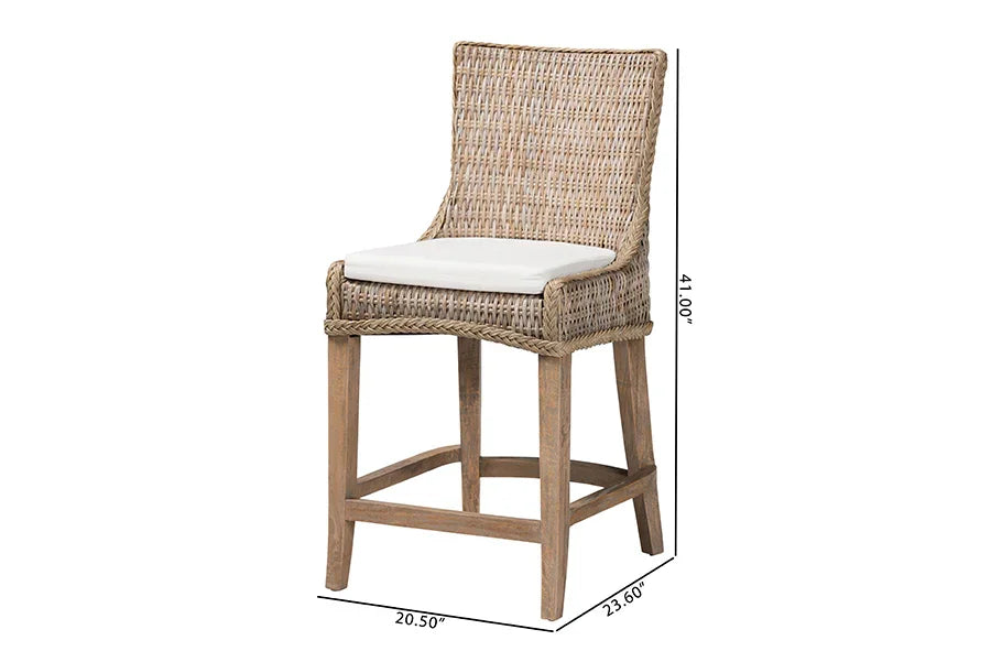 bali & pari Derris Natural Rattan Counter Stool with Cushion - Tall Wingback Stool with Solid Mango Wood Legs and Footrest, Boho Coastal Style for Kitchen Island or Dining Area Seating, Greywashed FredCo
