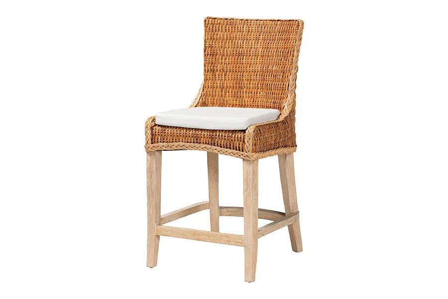 bali & pari Derris Natural Rattan Counter Stool with Cushion - Tall Wingback Stool with Solid Mango Wood Legs and Footrest, Boho Coastal Style for Kitchen Island or Dining Area Seating, Light Honey FredCo