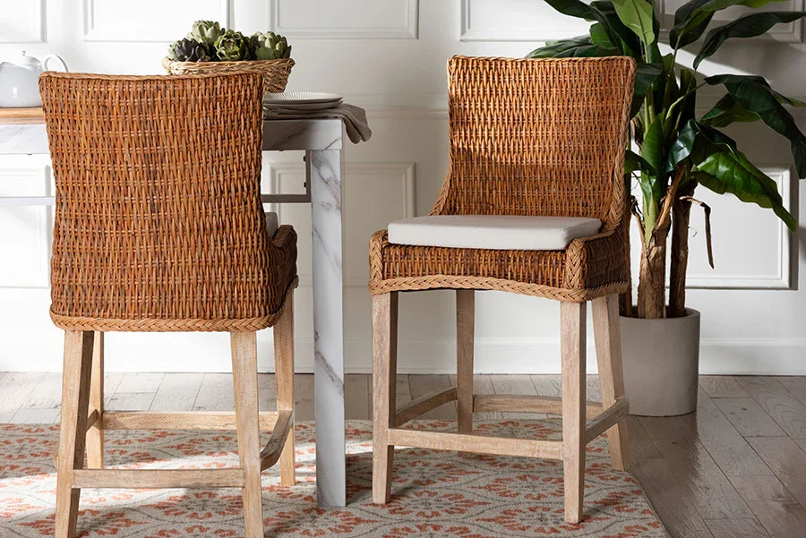 bali & pari Derris Natural Rattan Counter Stool with Cushion - Tall Wingback Stool with Solid Mango Wood Legs and Footrest, Boho Coastal Style for Kitchen Island or Dining Area Seating, Light Honey FredCo