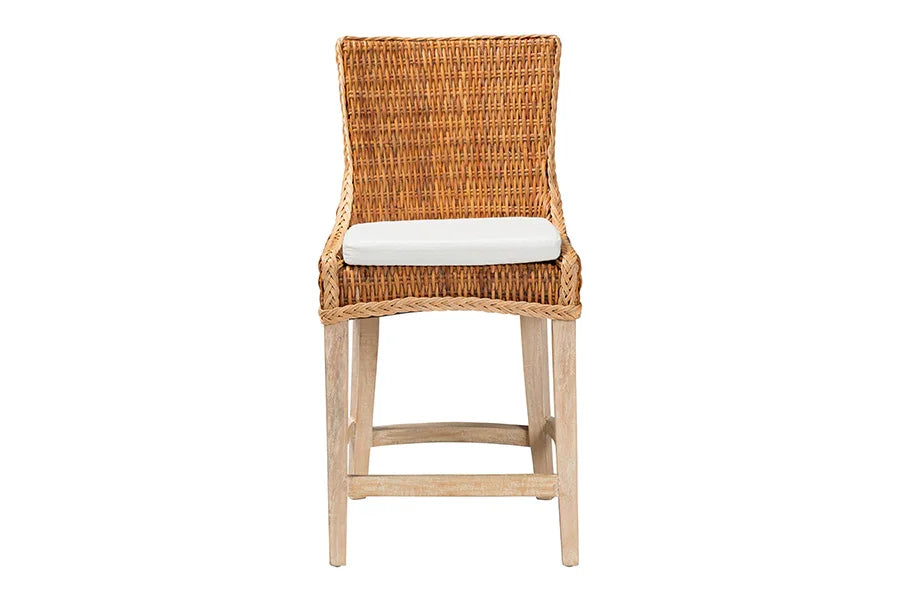 bali & pari Derris Natural Rattan Counter Stool with Cushion - Tall Wingback Stool with Solid Mango Wood Legs and Footrest, Boho Coastal Style for Kitchen Island or Dining Area Seating, Light Honey FredCo