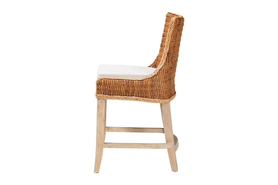 bali & pari Derris Natural Rattan Counter Stool with Cushion - Tall Wingback Stool with Solid Mango Wood Legs and Footrest, Boho Coastal Style for Kitchen Island or Dining Area Seating, Light Honey FredCo
