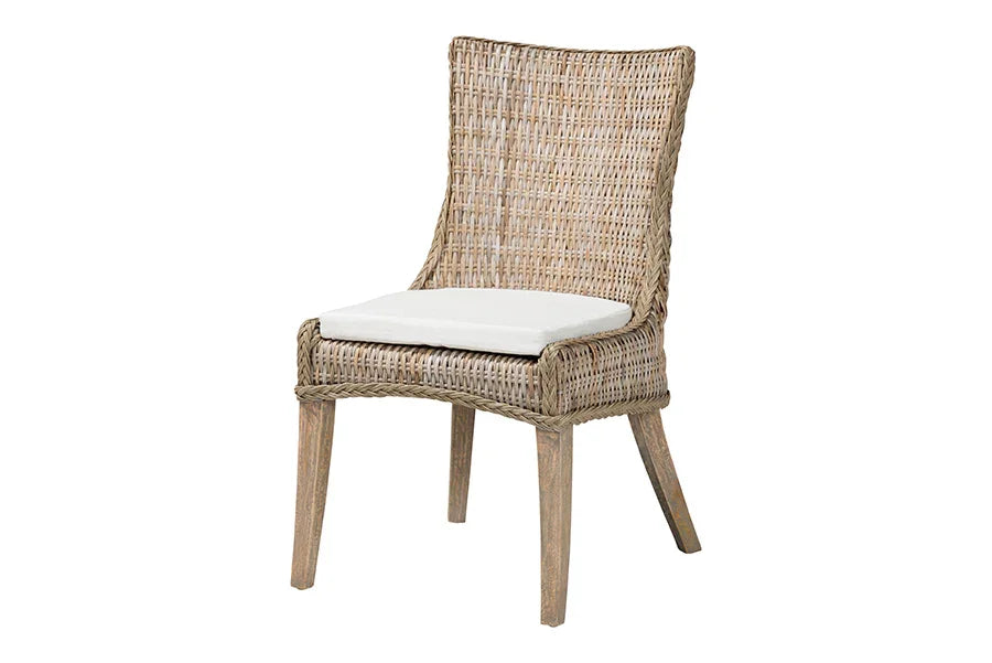 bali & pari Derris Natural Rattan Dining Chair with Cushion - Tall Wingback Side Chair with Solid Mango Wood Legs, Boho Coastal Style for Kitchen or Dining Room Seating, Greywashed FredCo