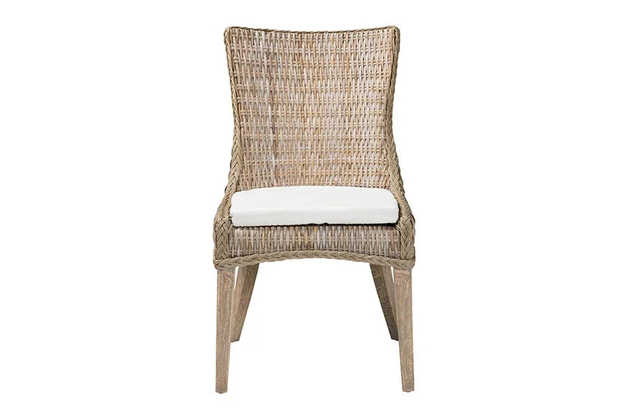 bali & pari Derris Natural Rattan Dining Chair with Cushion - Tall Wingback Side Chair with Solid Mango Wood Legs, Boho Coastal Style for Kitchen or Dining Room Seating, Greywashed FredCo