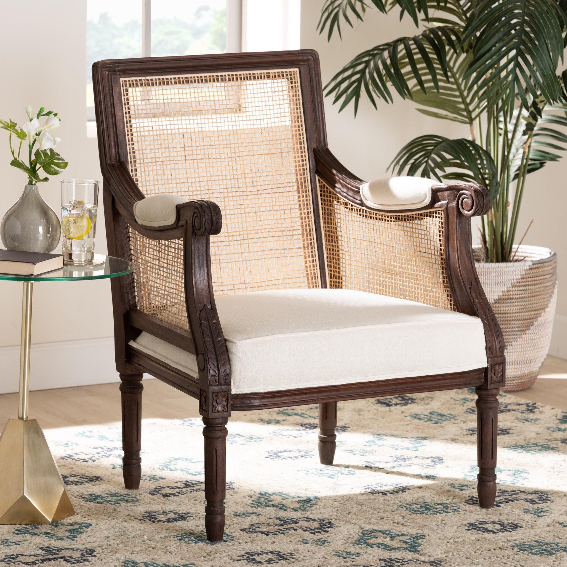 bali & pari Desmond Traditional French Beige Fabric and Dark Brown Finished Wood Accent Chair FredCo