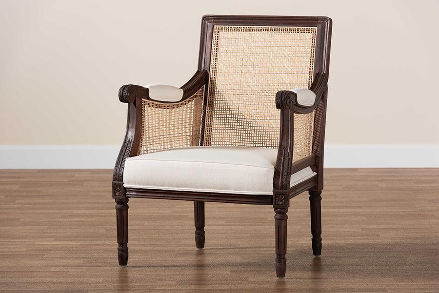 bali & pari Desmond Traditional French Beige Fabric and Dark Brown Finished Wood Accent Chair FredCo