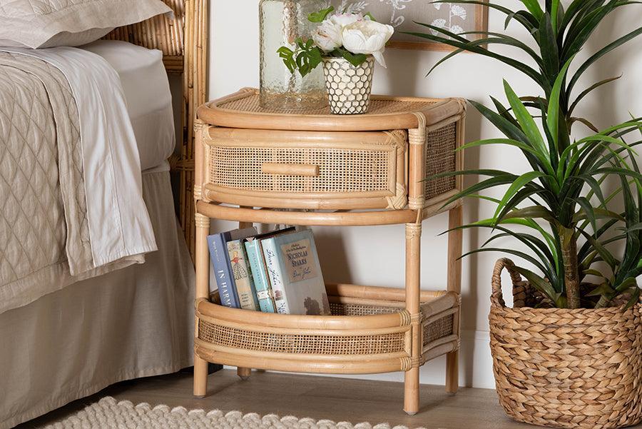 bali & pari Divitia Bohemian Natural Rattan 1-Drawer Nightstand FredCo
