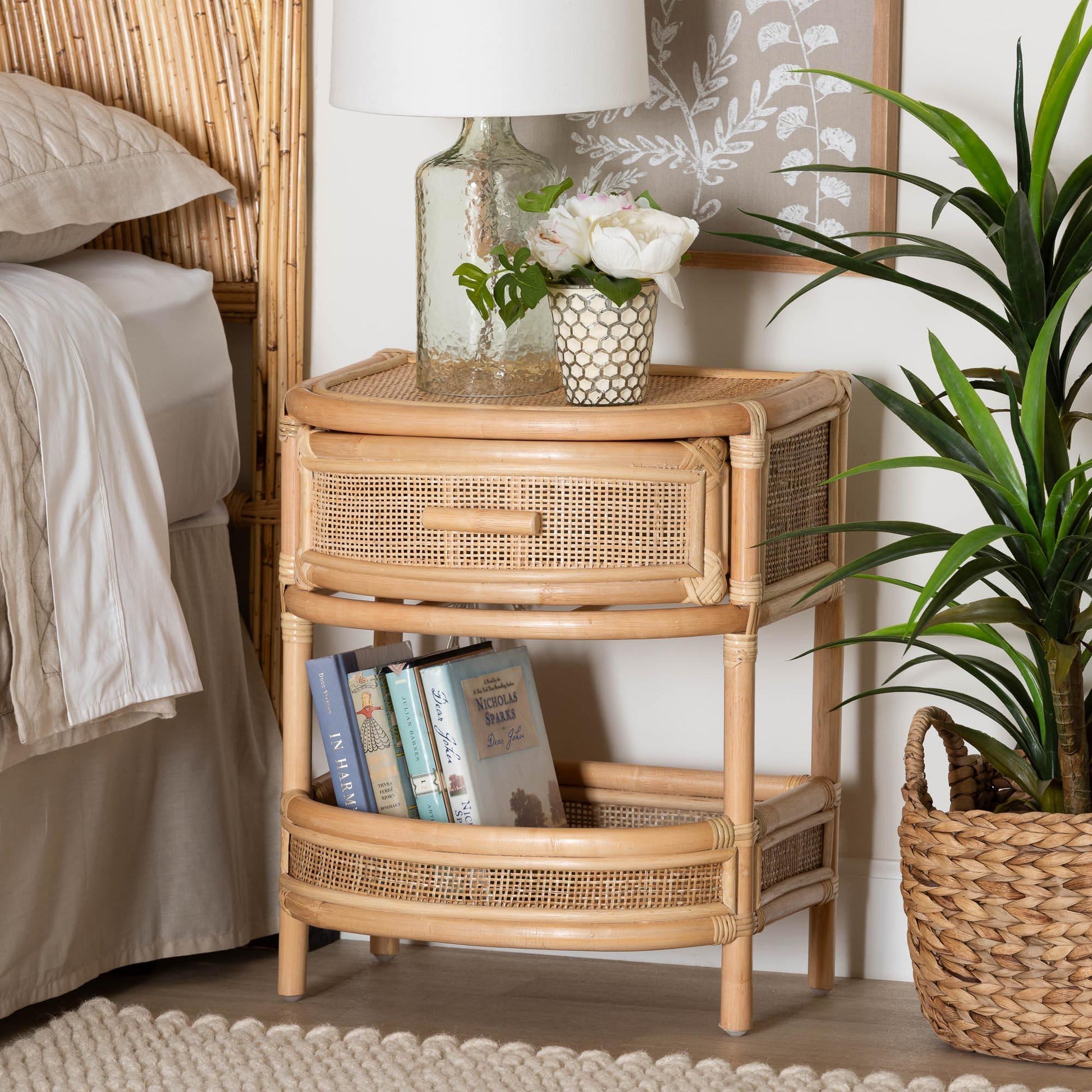 bali & pari Divitia Bohemian Natural Rattan 1-Drawer Nightstand FredCo