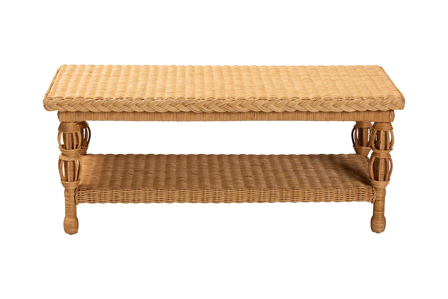 bali & pari Dolby Natural Rattan Coffee Table - Handwoven Wicker Accent Table with Lower Shelf, Coastal Boho Style Living Room Centerpiece FredCo