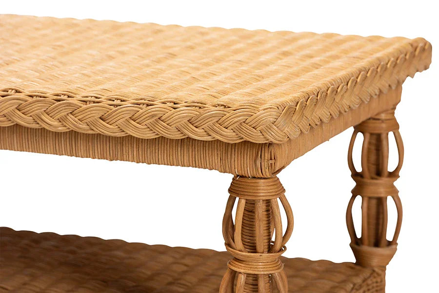 bali & pari Dolby Natural Rattan Coffee Table - Handwoven Wicker Accent Table with Lower Shelf, Coastal Boho Style Living Room Centerpiece FredCo