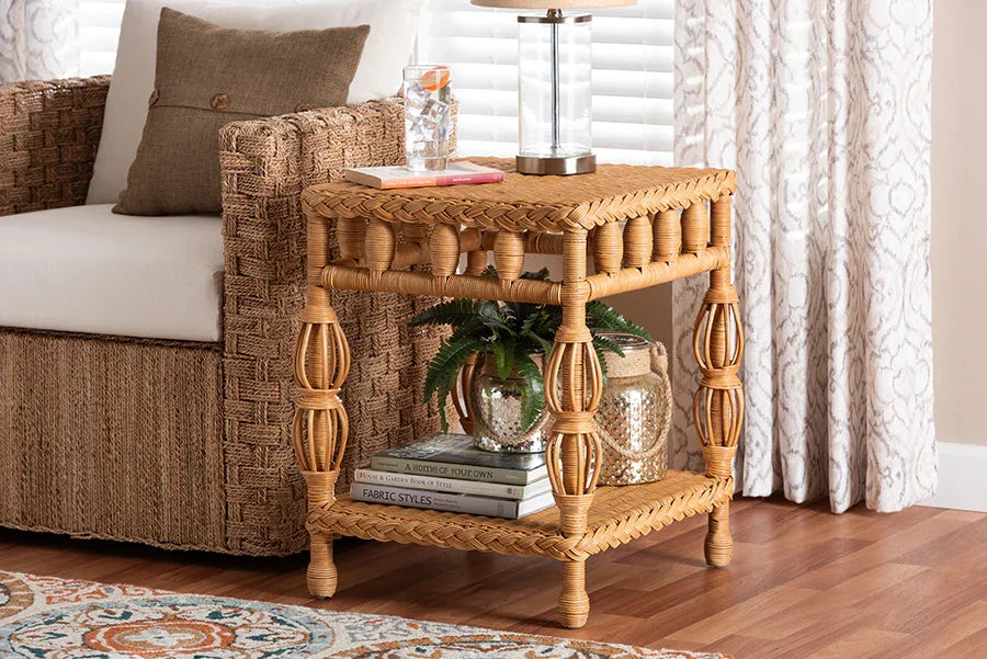 bali & pari Dolby Natural Rattan End Table - Handwoven Wicker Side Table with Lower Shelf, Coastal Boho Style Accent Table for Living Room or Bedroom FredCo