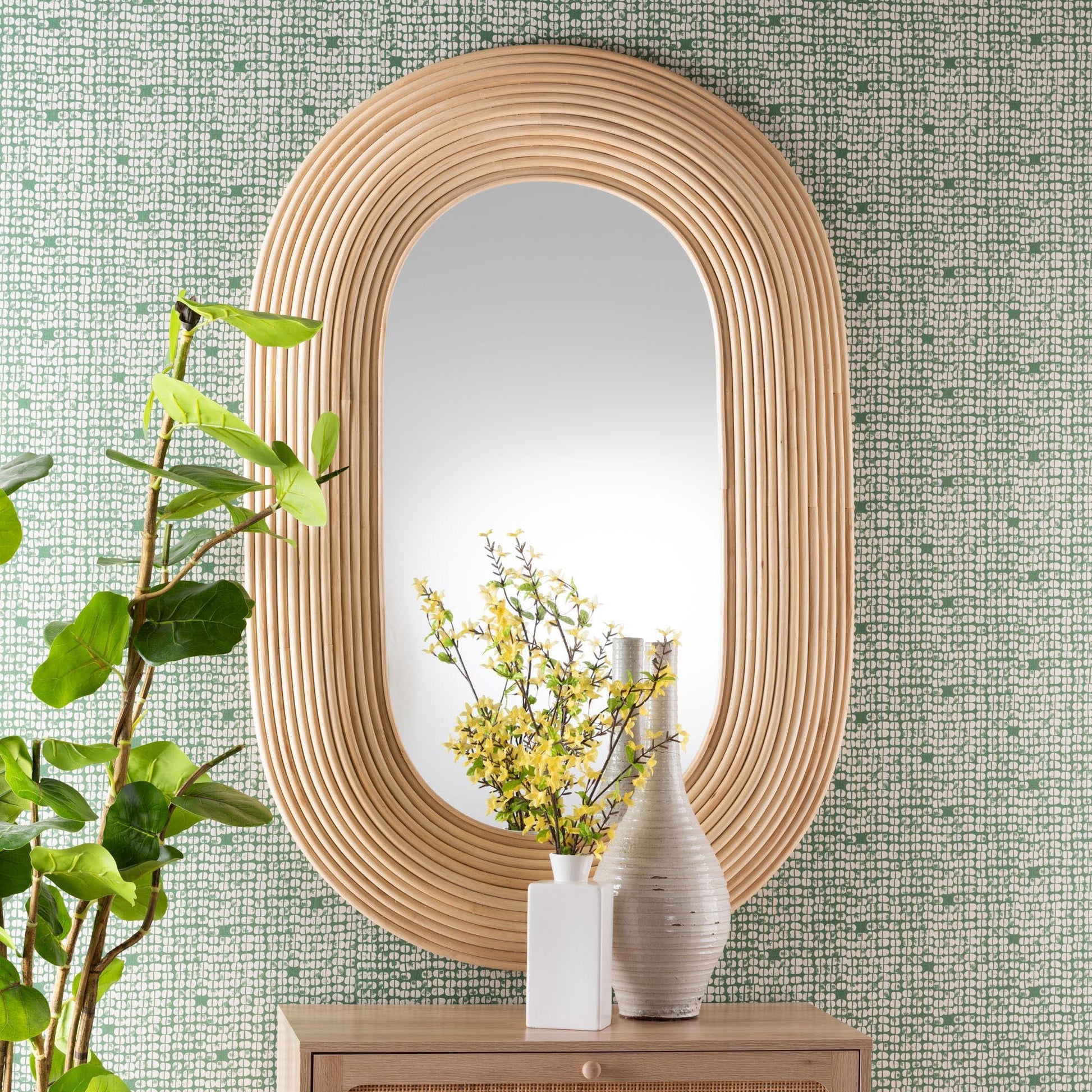 bali & pari Drucilla Modern Bohemian Natural Brown Rattan Oval Accent Wall Mirror FredCo