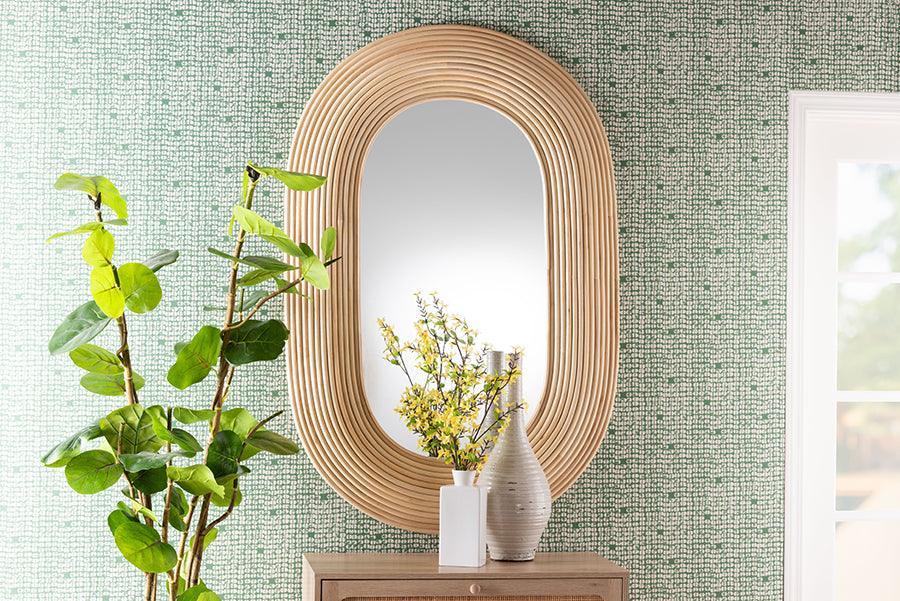 bali & pari Drucilla Modern Bohemian Natural Brown Rattan Oval Accent Wall Mirror FredCo