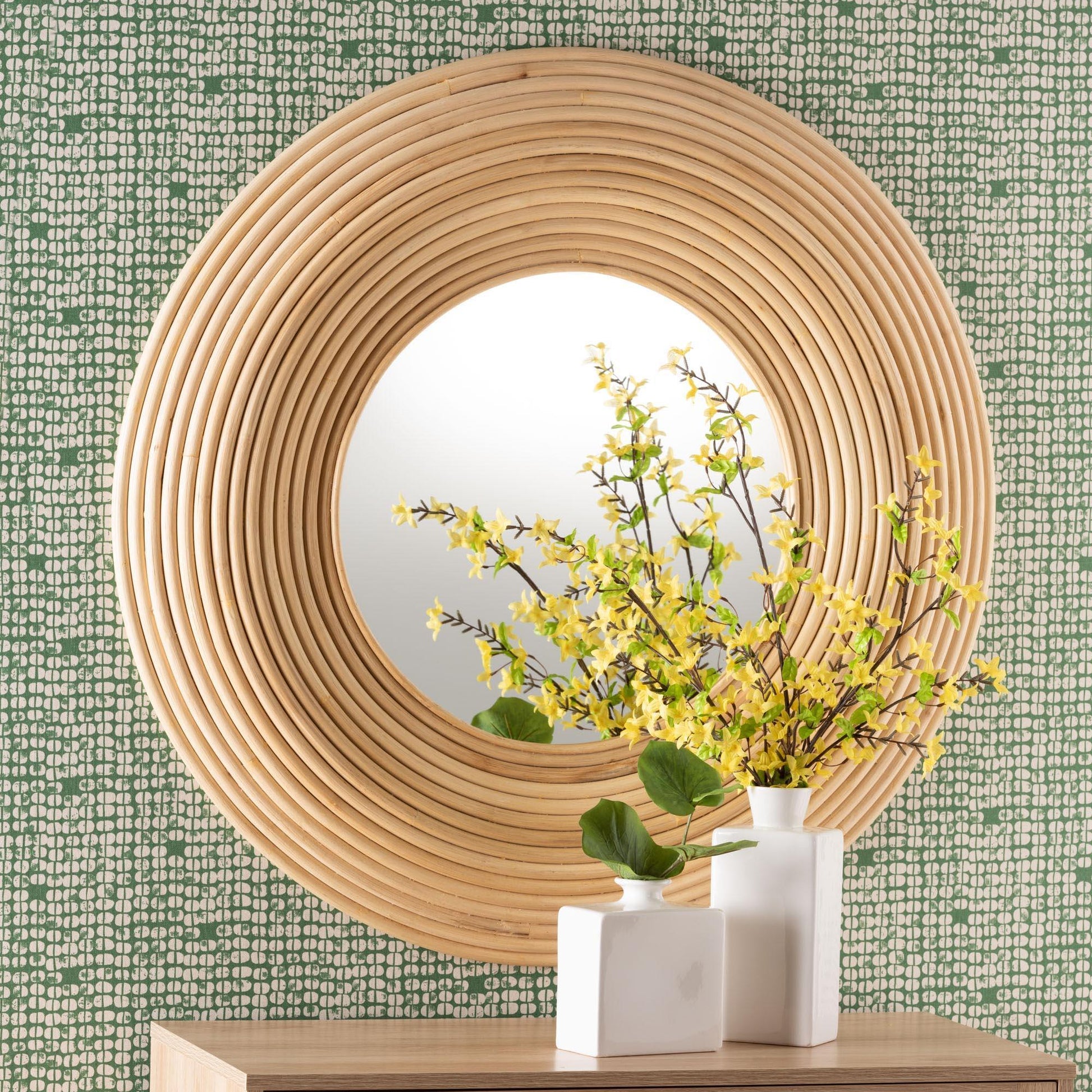 bali & pari Drucilla Modern Bohemian Natural Brown Rattan Round Accent Wall Mirror FredCo